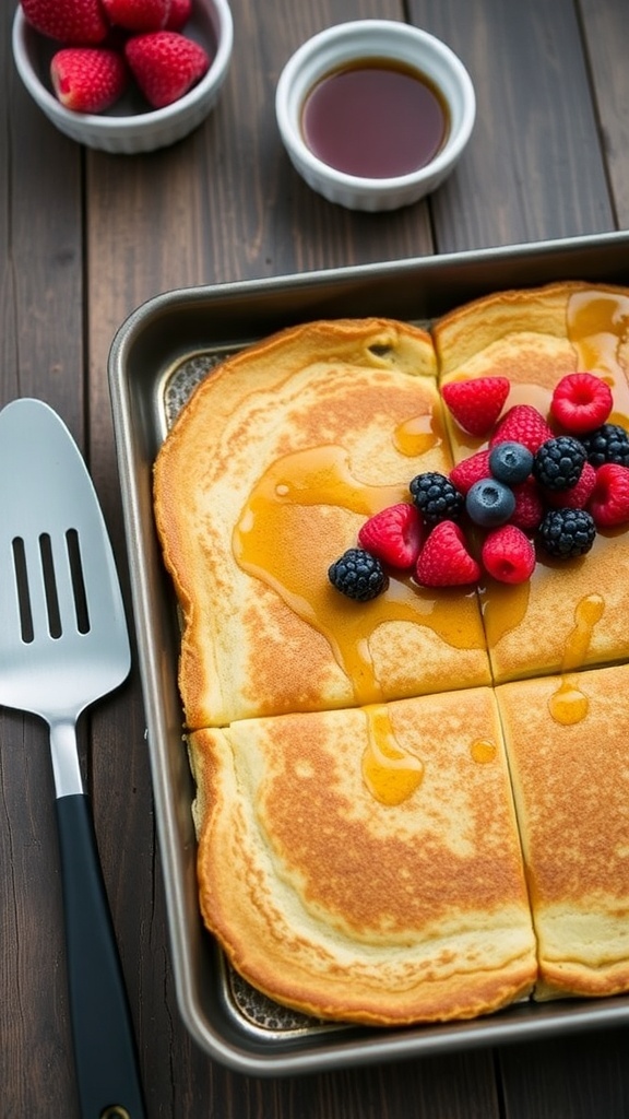 Fluffy sheet pan pancake sliced into squares, topped with berries and syrup, on a wooden table.